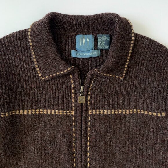 Vintage 90s Ivy Wool Zip Up Cardigan Sweater Brown Cottagecore Coastal Grandma - Picture 4 of 11